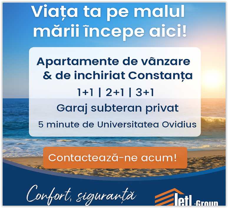 Afiș publicitar pentru apartamente de vânzare și de închiriat în Constanța, situate chiar pe plajă, cu garaj subteran privat și acces rapid la Universitatea Ovidius, promovat de Leitl Group.